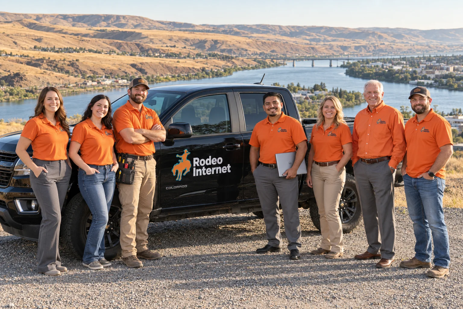 Illustrative Rodeo team portrait beside a black pickup overlooking the Snake River.